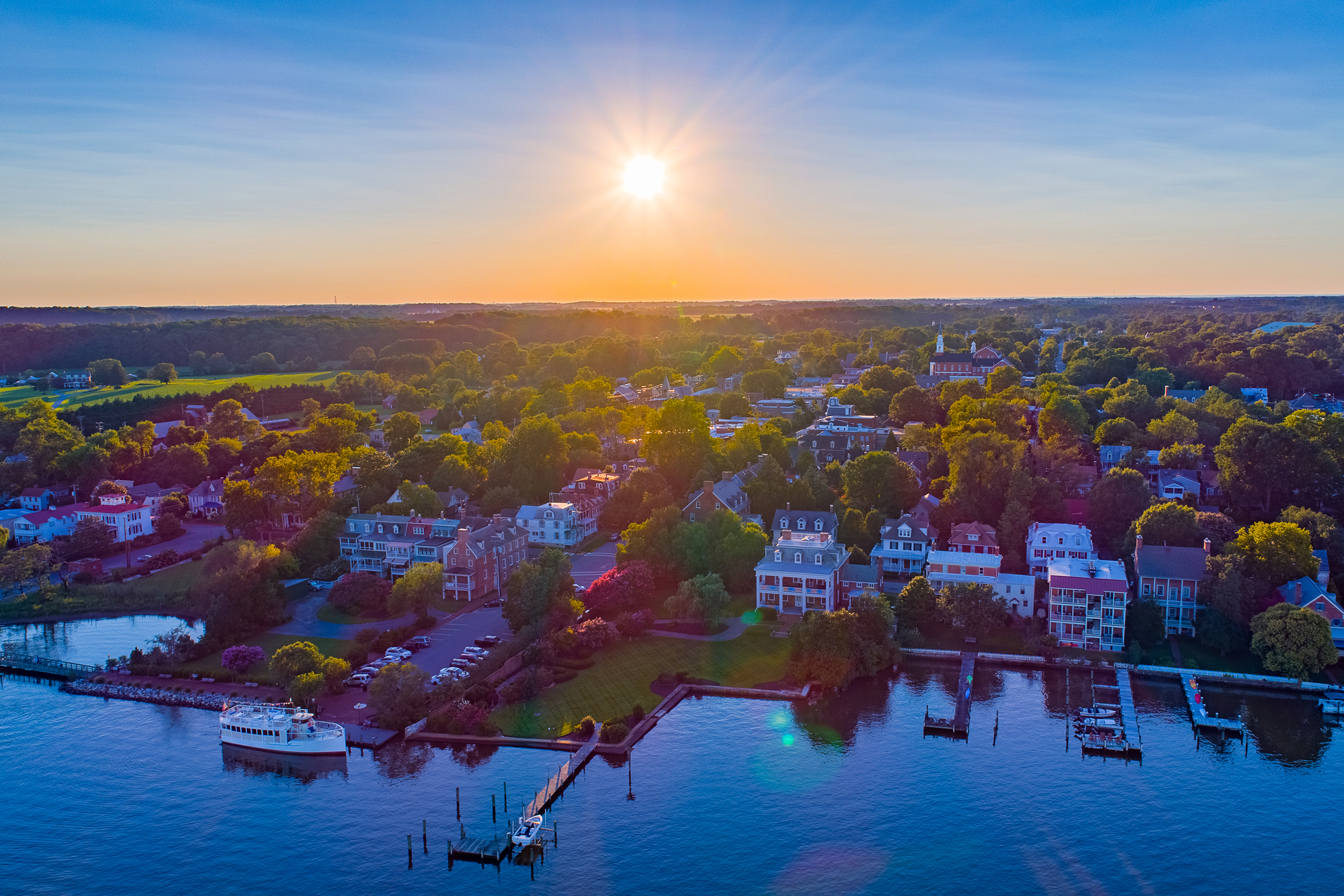An aerial shot of Chestertown's beautiful waterfront