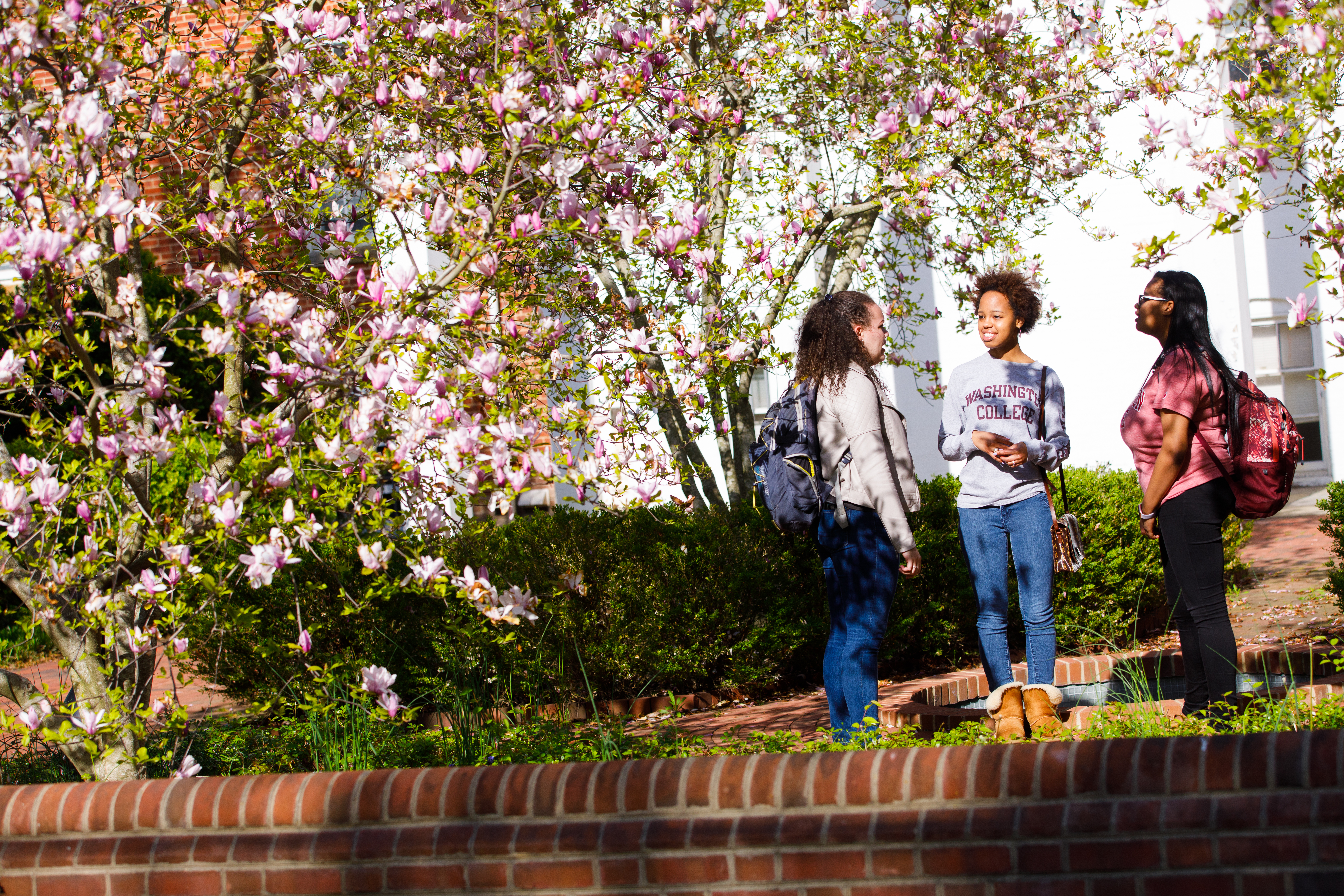 students outside reid with flowers blooming