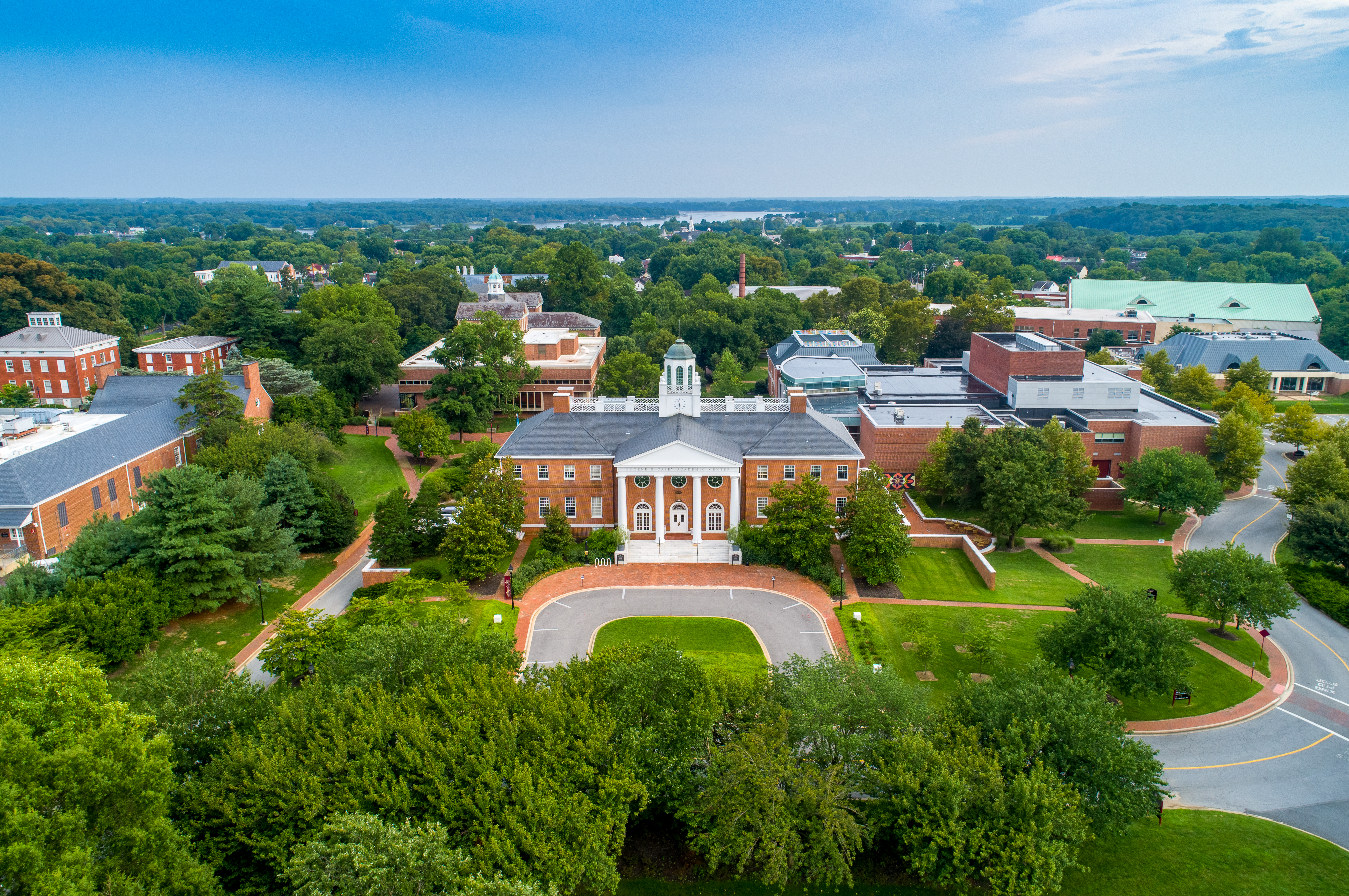 Drone photo of the Washington College campus