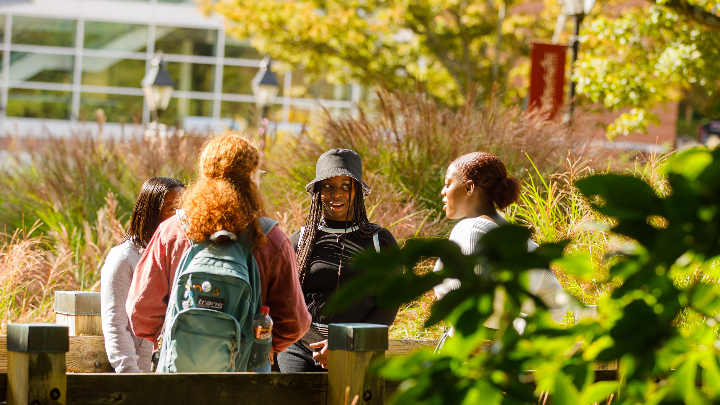 Washington College students chat on a wooden bridge with plants around them. 