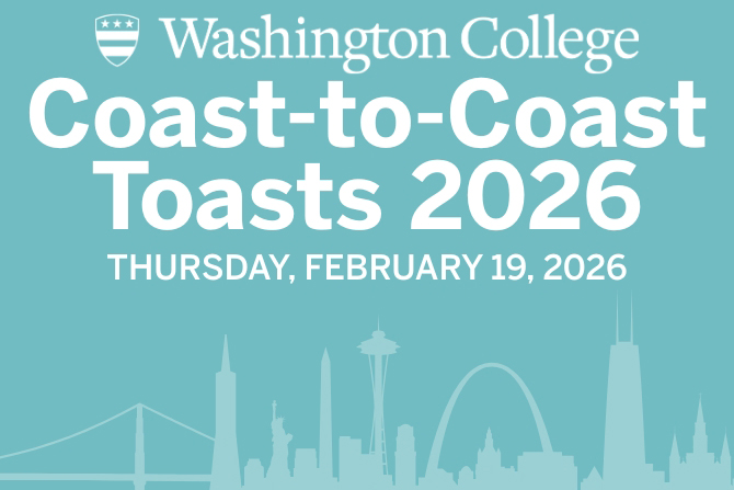 Graphic of city skyline with the Washington College logo and the text "Coast-to-Coast Toasts 2026 Thursday, February 19, 2026"