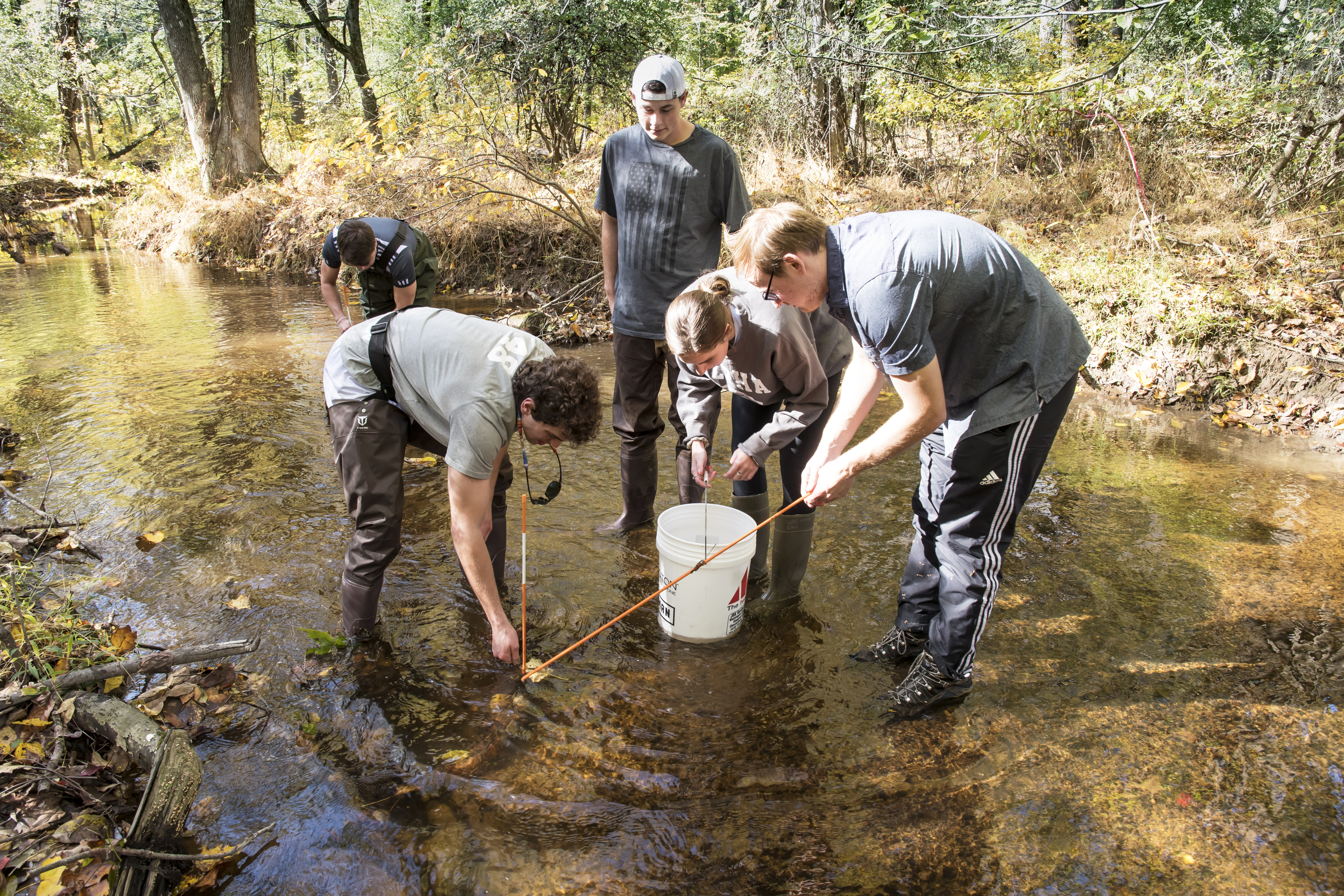 group of students in a creek