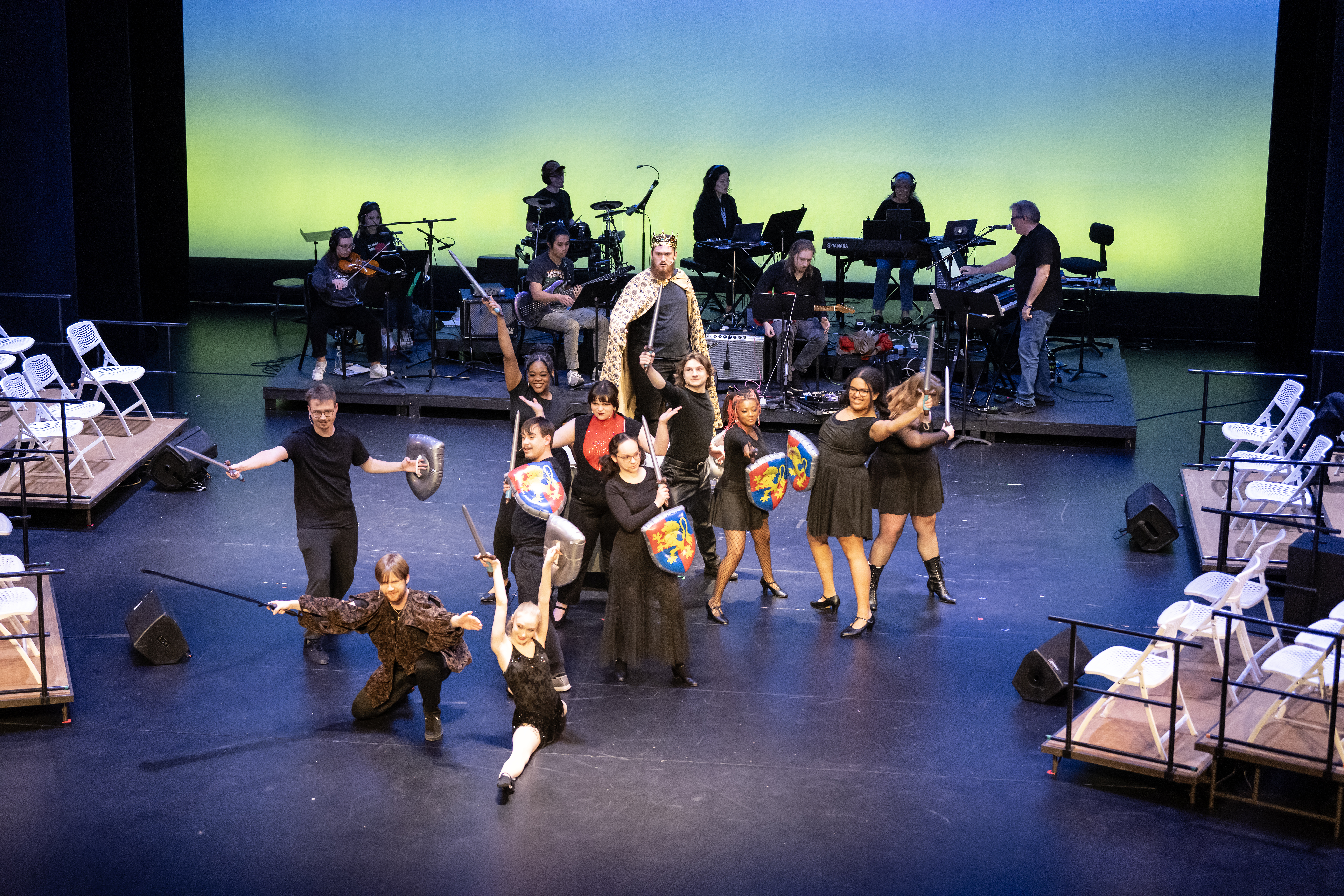 Pippin Musical at Washington College with actors, musicians, and dancers onstage in Gibson