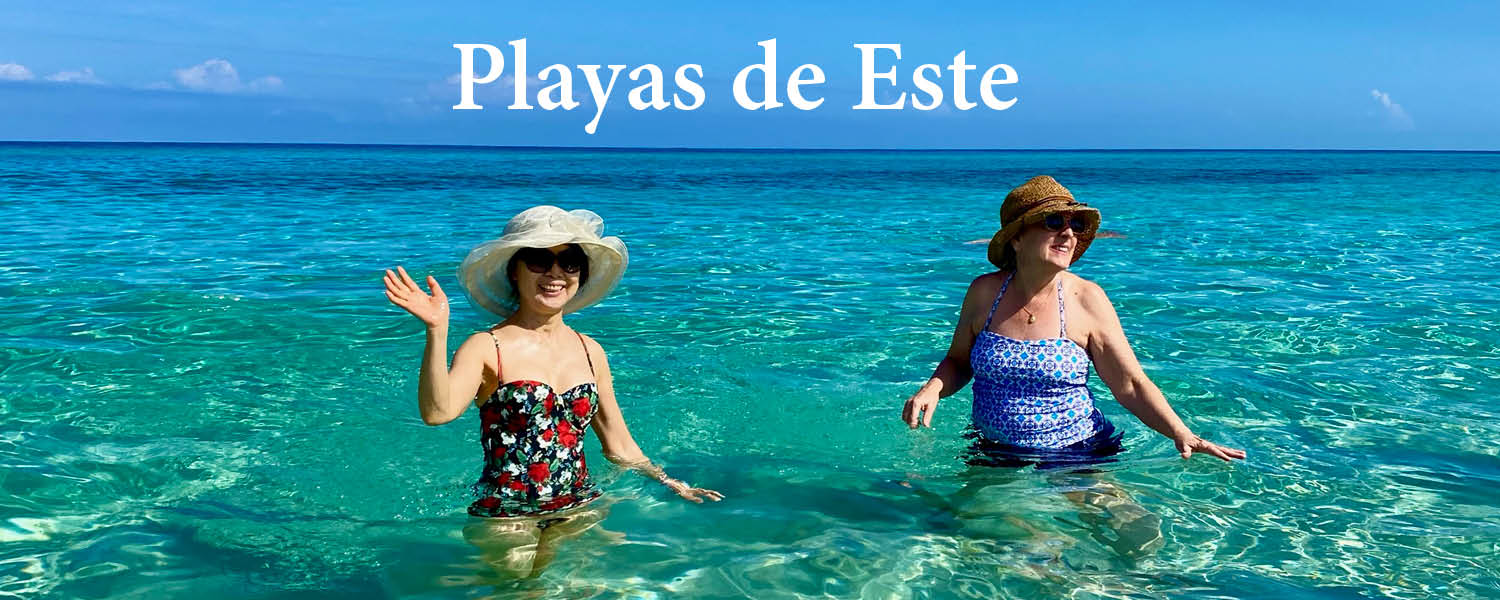 Two women in the ocean with the text Playas de Este above