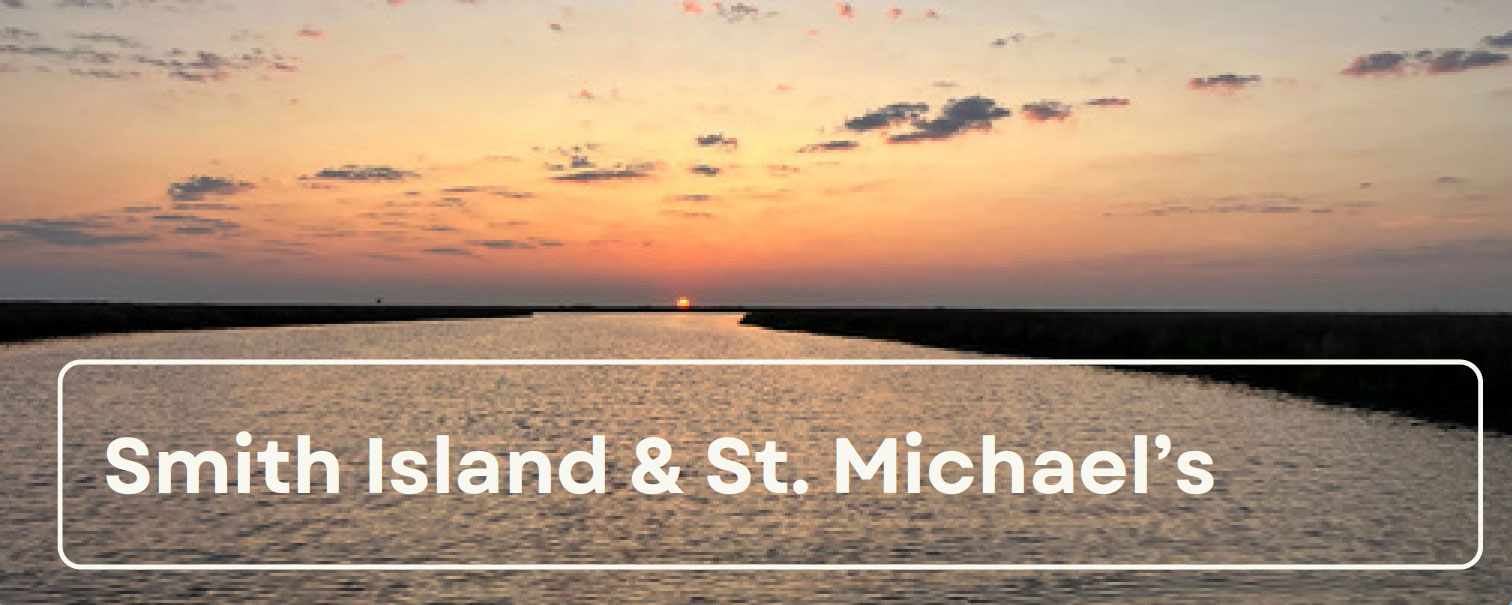 River at sunset with text Smith Island & St. Michael's