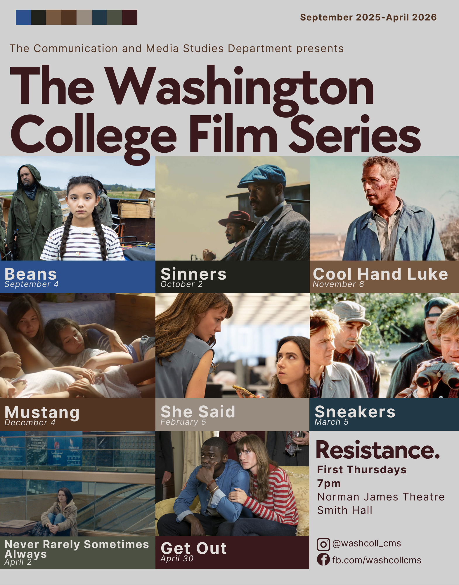 Collage of films to be shown in the Washington College Film Series in 2025-26