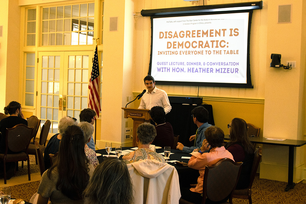 Zach Affeldt '25 speaks at a PoliTalks event in Hynson Loung