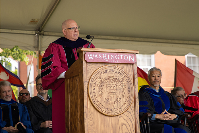 former maryland governor larry hogan delivering the keynote address at commencement