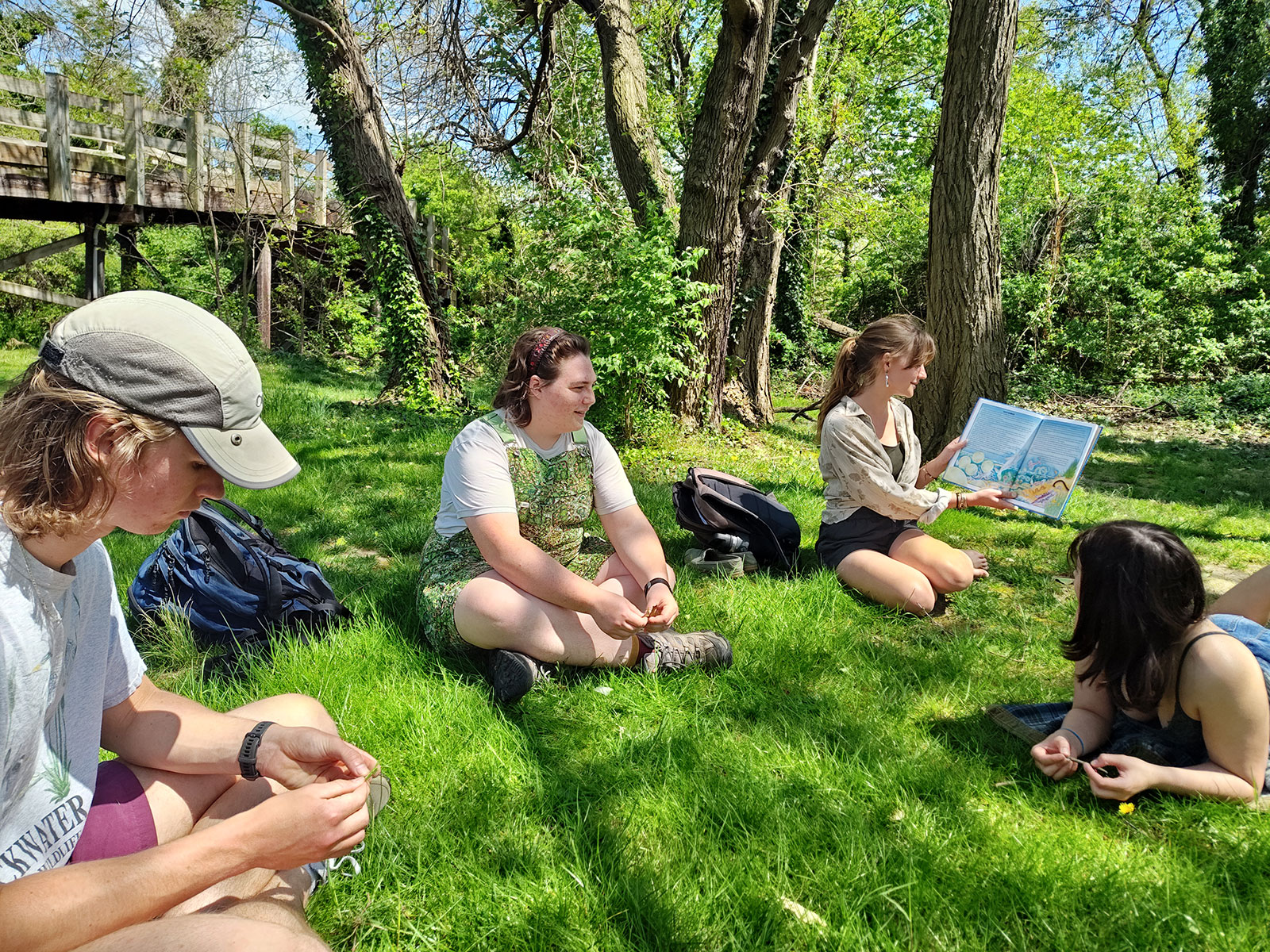 Permaculture Interns reading a book on plant patterns