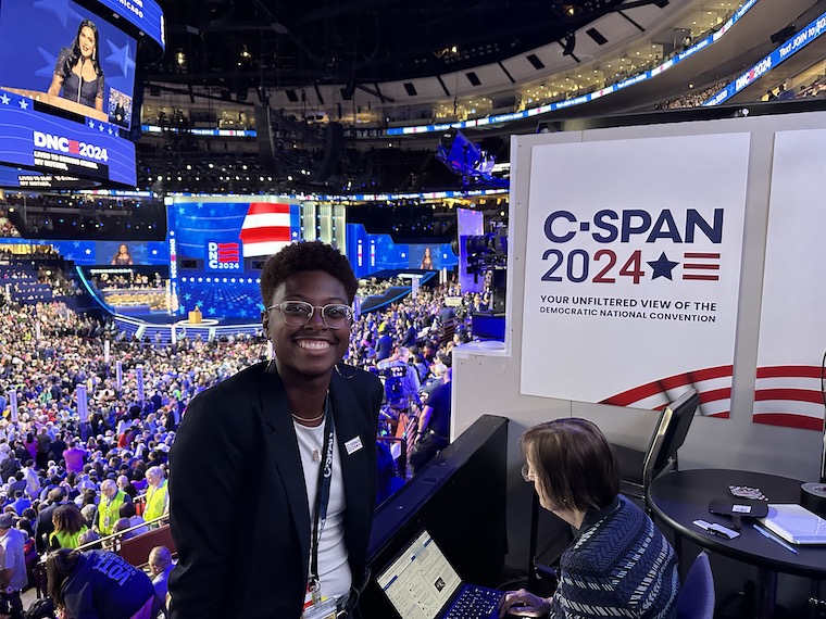 Leslie Collins at the CSPAN booth at the Democratic National Convention