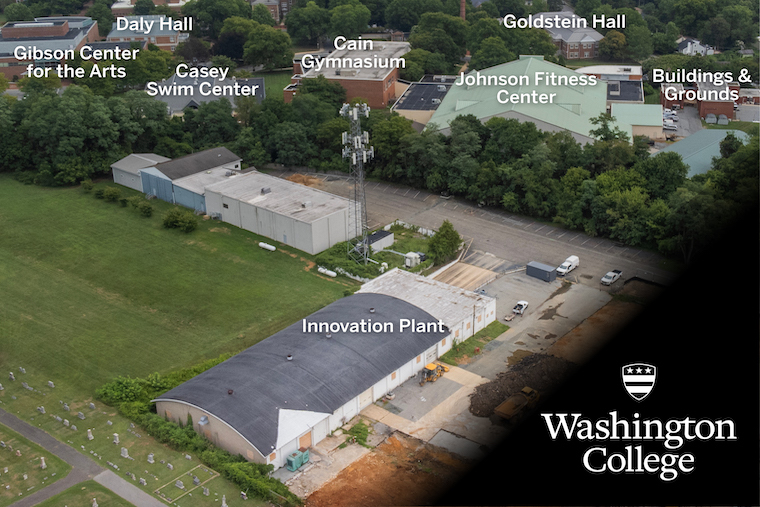 aerial view of site for new Innovation Plant with buildings labeled