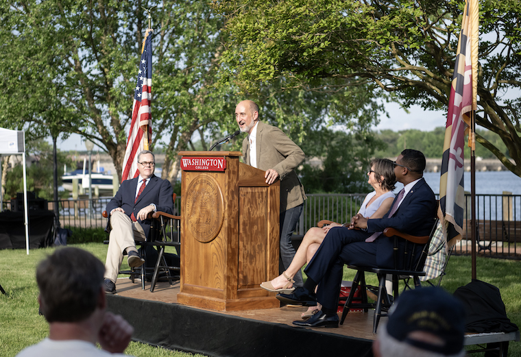Washington College Starr Center Director Adam Goodheart speaks at the 2024 Chestertown Tea Party 250 Commemoration event. 