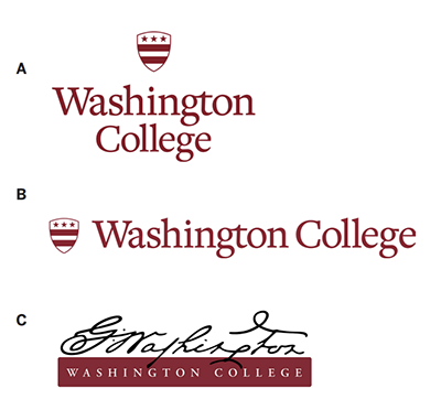 Washington College logos, two new with shield, one old with signature