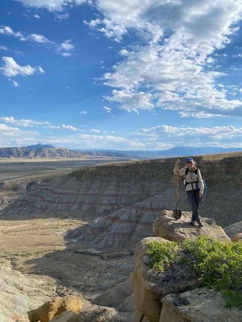 Washington College student Rachel Morgen '26 does research on plant fossils in Wyoming. 