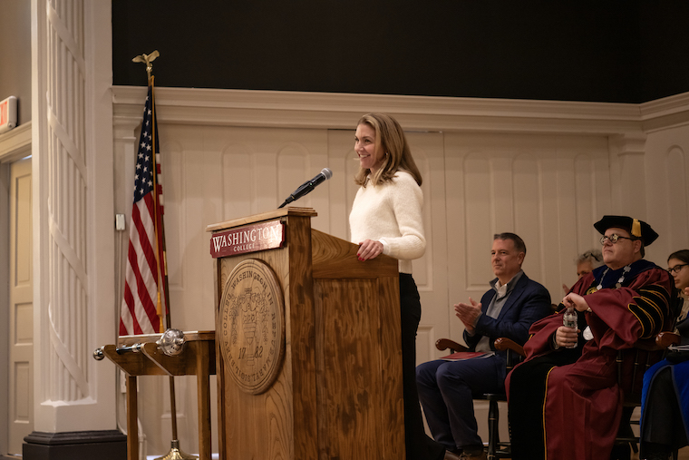 Tammy Tiehel Stedman ’86 delivers the keynote speech at the 2025 annual George Washington Birthday Convocation at Washington College. 