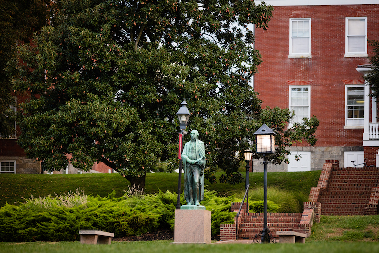 A statue of George Washington on the Campus Green