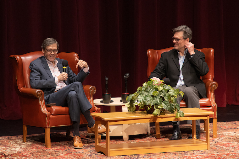 John Harwood (left) and Roy Kesey, Associate Director of Washington College's Rose O'Neill Literary House, (right) talk at the Richard L. Harwood Lecture in American Journalism a republic if you can keep it: truth in unsettling times.