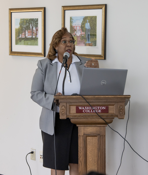 Maryland Department of Human Services Principal Deputy Secretary Carnitra White speaks at the Maryland Association of Social Services Boards conference at Washington College. 