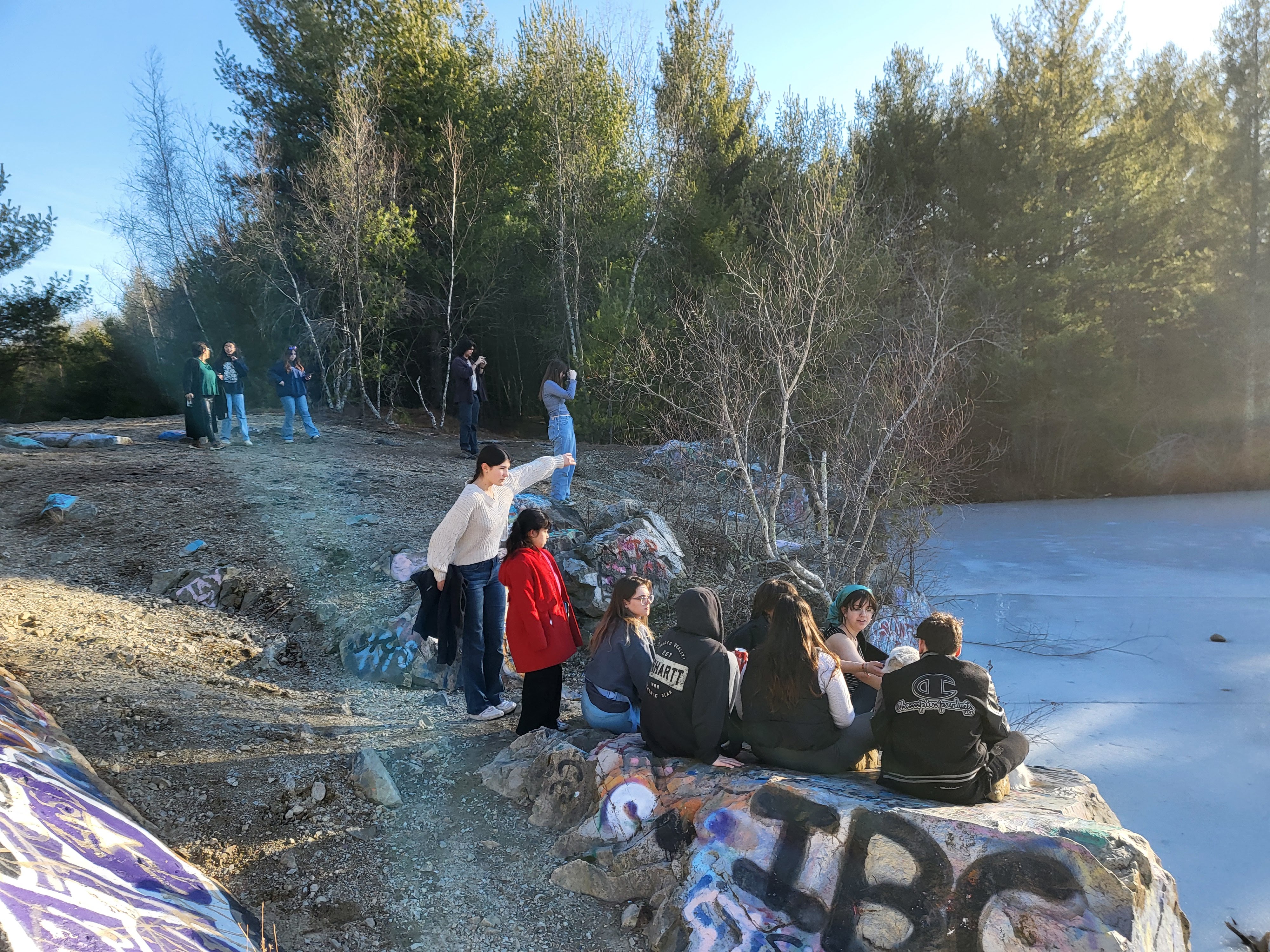 Washington College students visit a swamp in Massachusetts. 