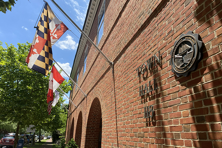 The Maryland flag flies off the front of Chestertown Town Hall