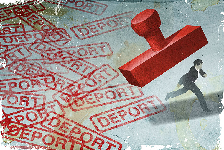 illustration of a person running away from a stamp on a background covered in red "Deport" stamps