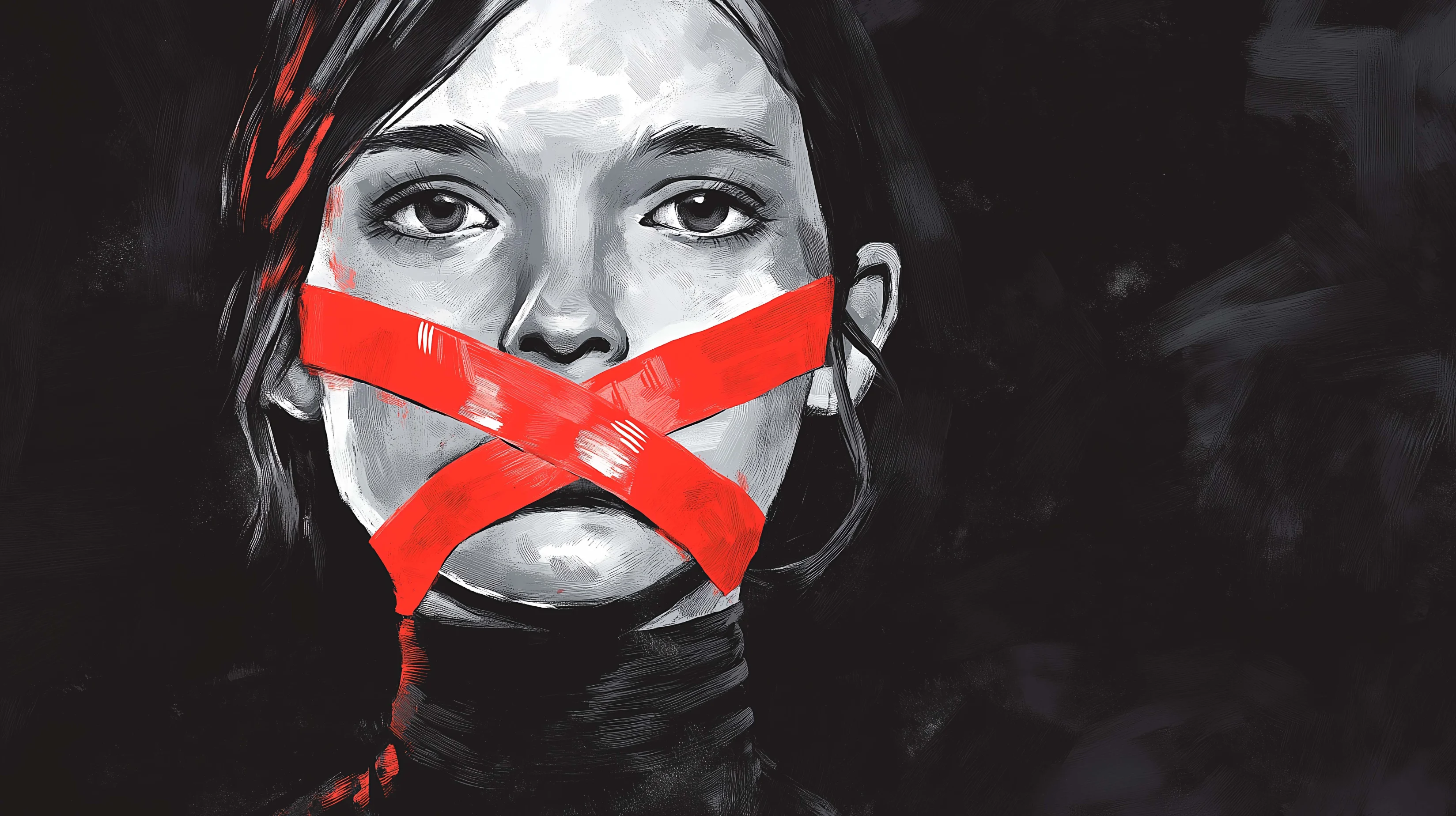 illustration of woman with red X made of tape over her mouth