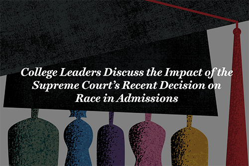 Text reading "College leaders discuss the impact of the Supreme Court's recent decision on race in admissions" over an illustration of a graduation cap and tassel with multicolored shapes below it
