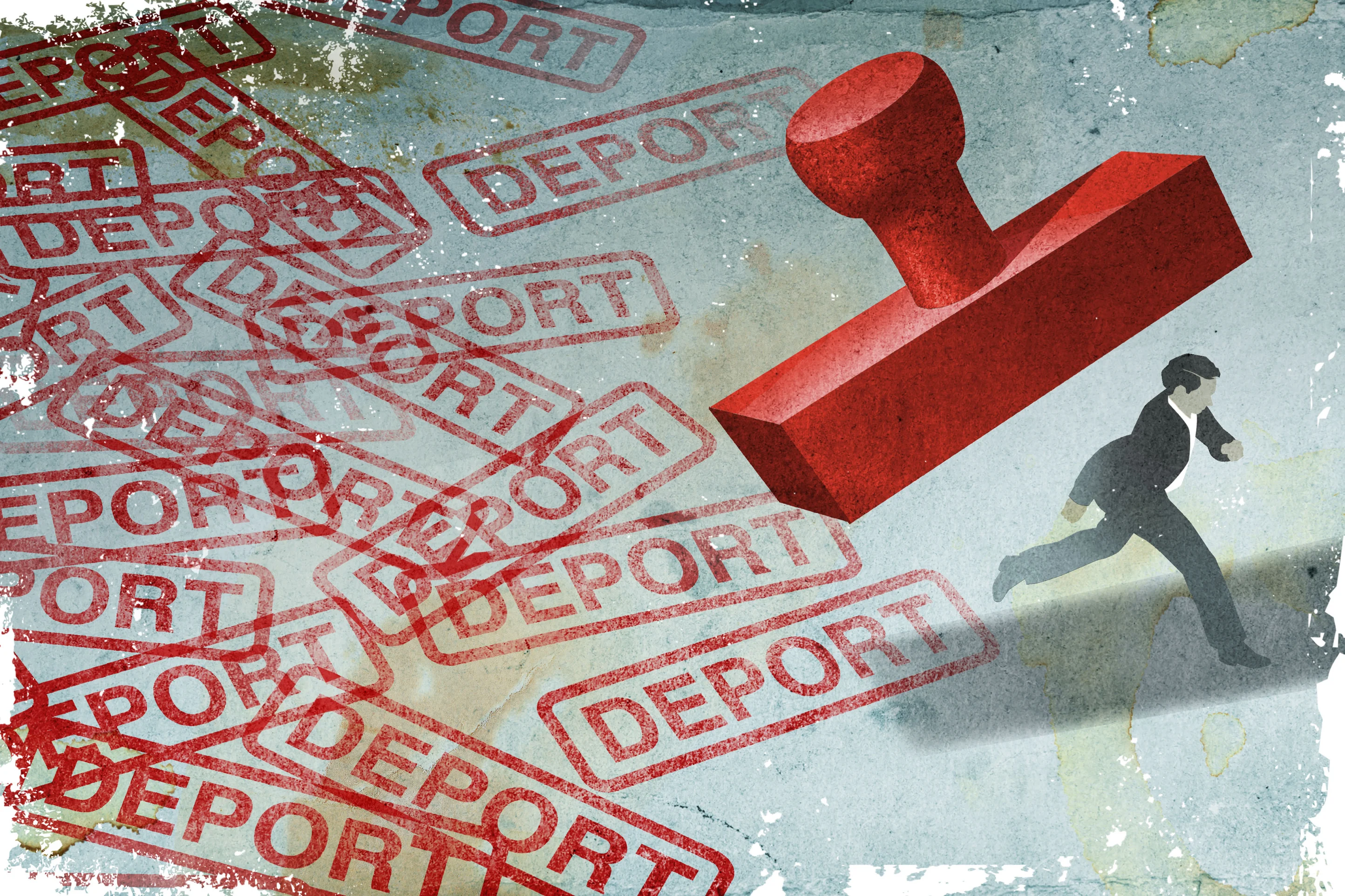 Illustration of a man running with a red stamp coming down on him; the stamp has filled the space behind the runner with the word "DEPORT" over and over