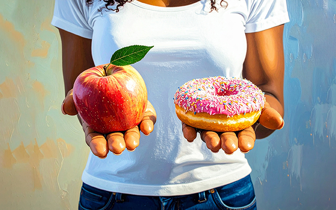 illustration of woman holding an apple in one hand and a doughnut in the other