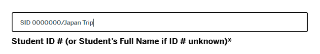 Screenshot of Student ID# box filled in with Student number and what trip the payment is associated with