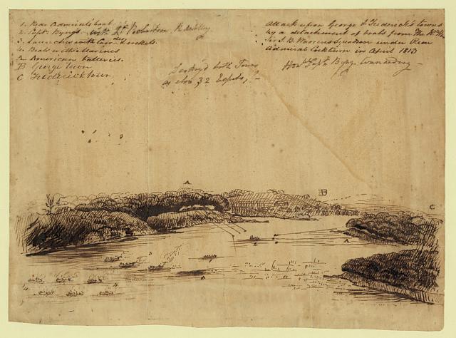Attack upon George & Federick's towns by a detachment of boats from The R. Hon. Sir T. B. Warrens squadron under Rear Admiral Cockburn in April 1813 courtesy of the Library of Congress