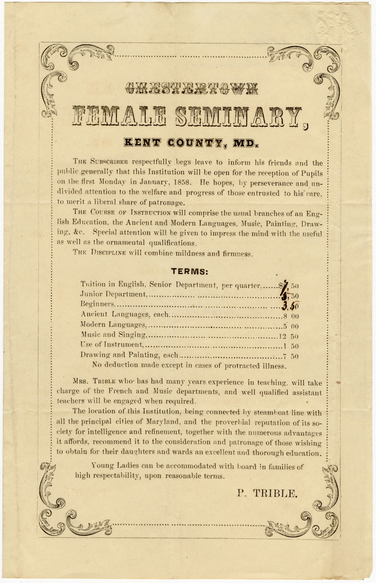 Chestertown Female Seminary notice