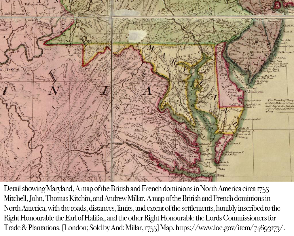 Detail showing Maryland, 1755 map of the colonies