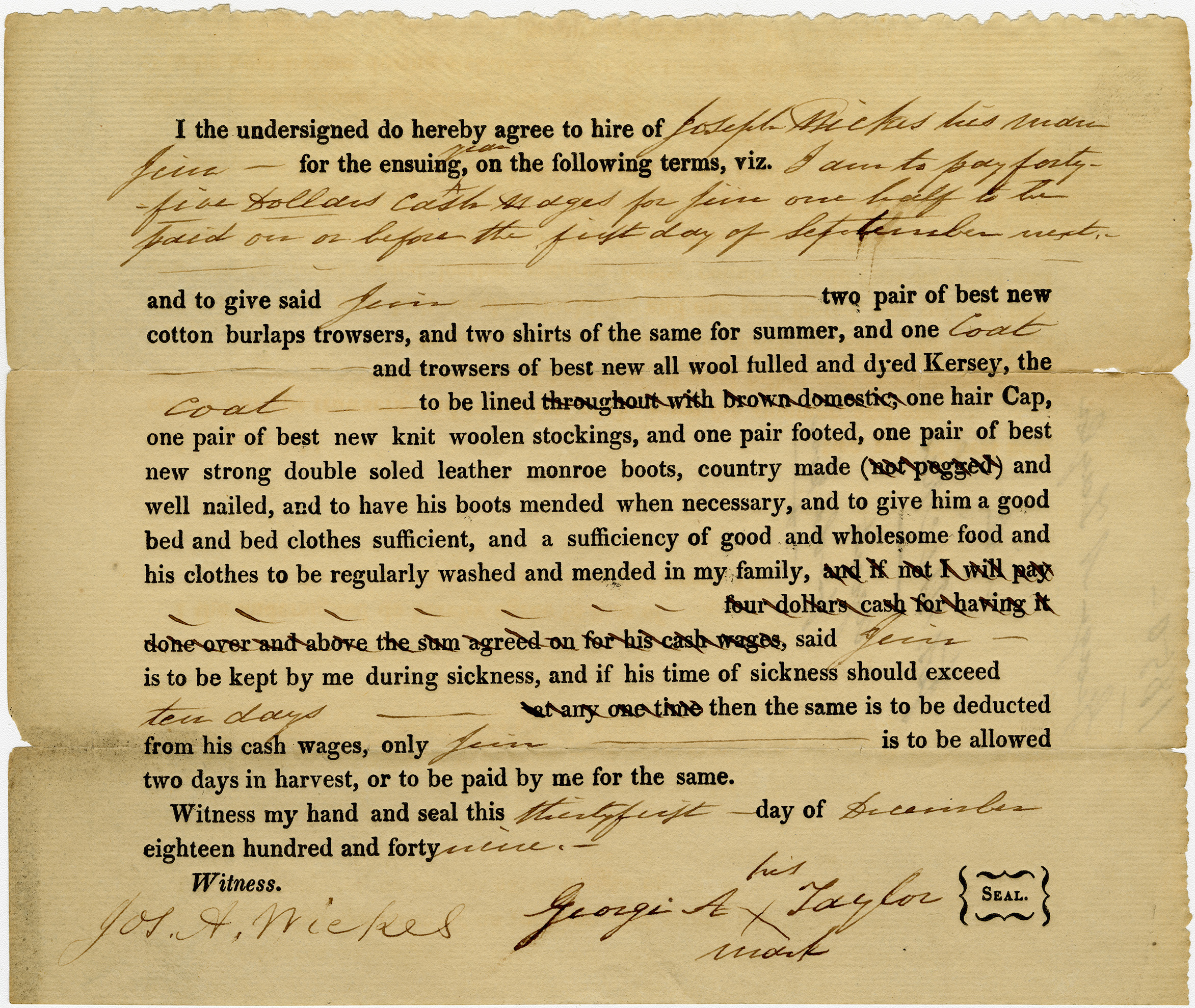 Hire agreement from Joseph R. Wickes papers