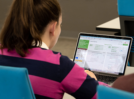 student looking at data on laptop screen