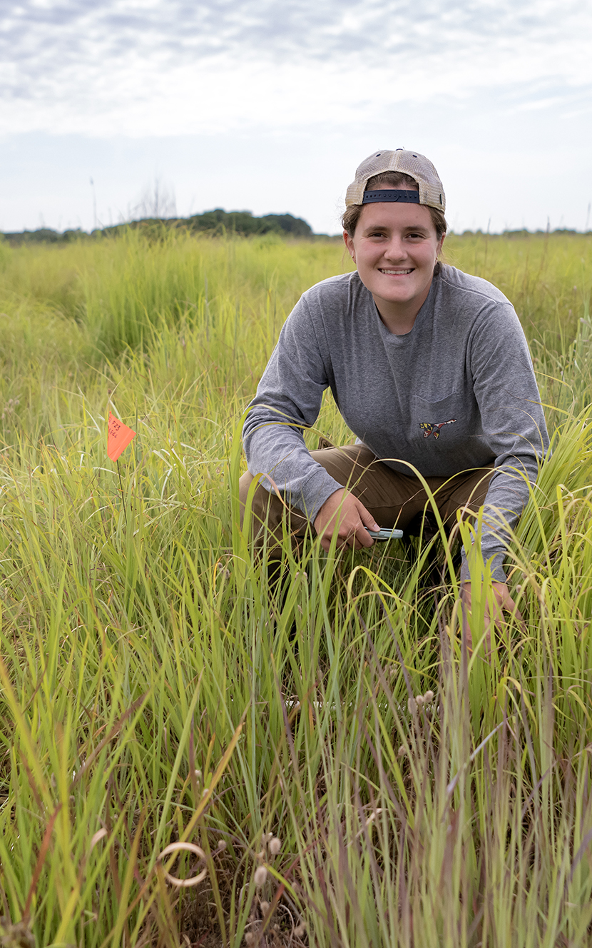 Danielle Simmons in a grassland at the River and Field Campus